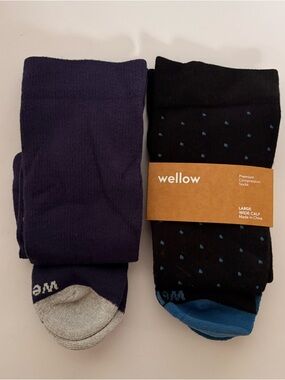 Lot Of 2 Wellow Premium Compression Socks L Wide Calf Black Cobalt Eclipse Dot